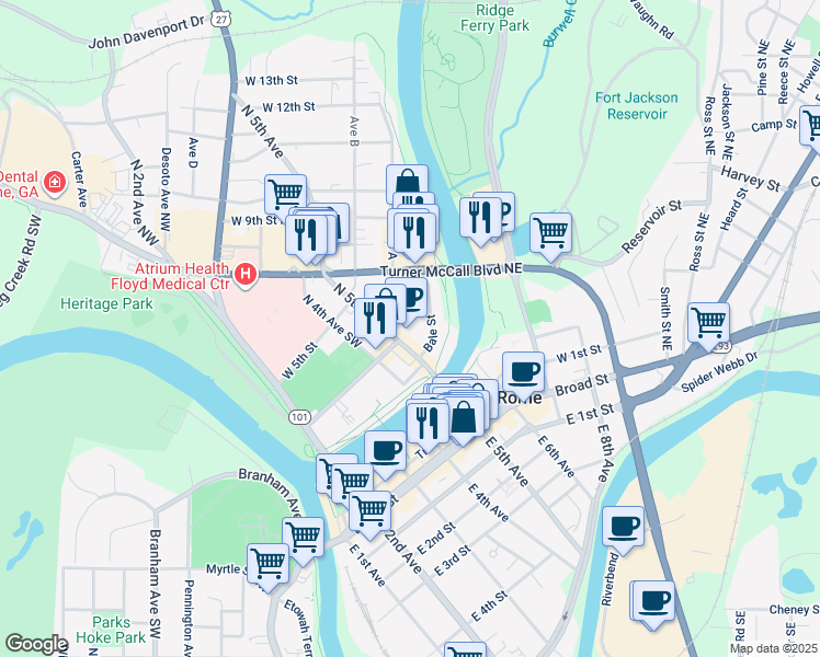 map of restaurants, bars, coffee shops, grocery stores, and more near 254 North 5th Avenue in Rome