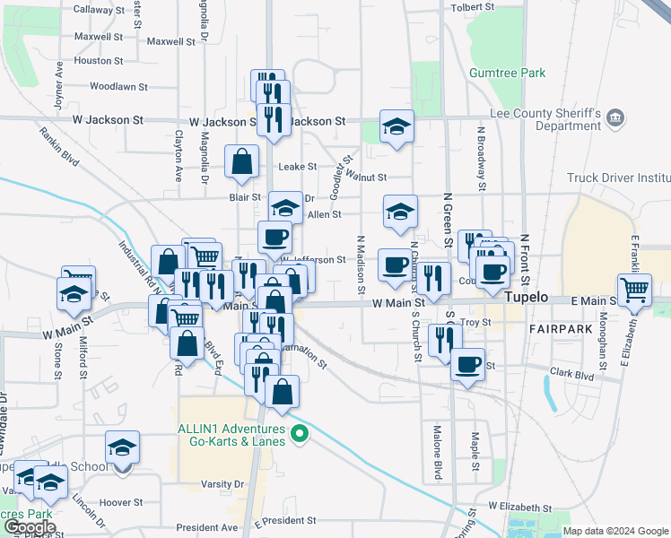 map of restaurants, bars, coffee shops, grocery stores, and more near 103 Clark Place in Tupelo