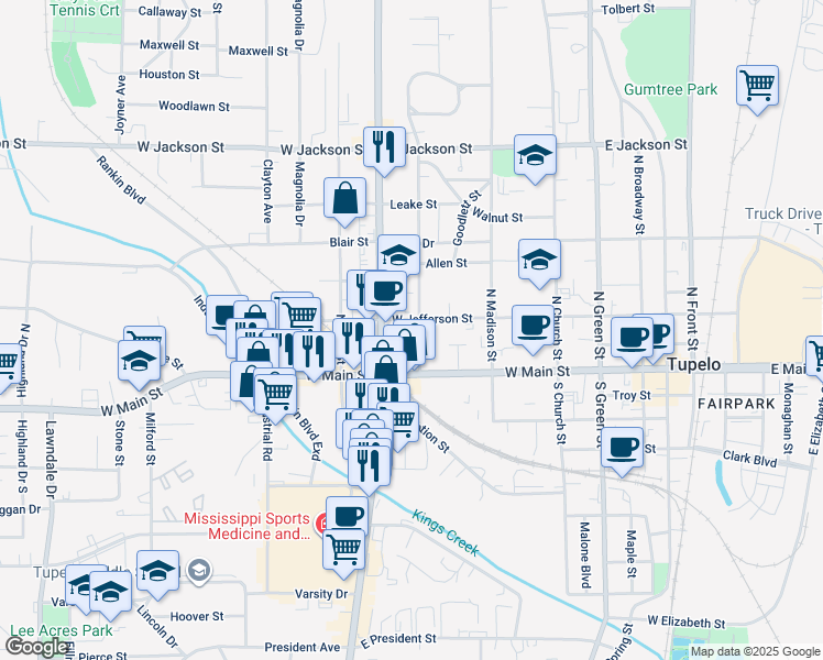map of restaurants, bars, coffee shops, grocery stores, and more near 101-199 Robins St in Tupelo