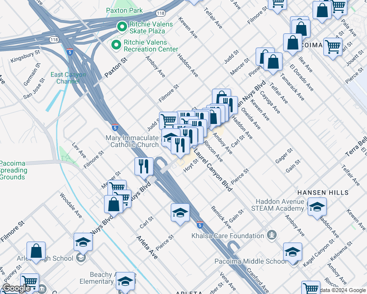 map of restaurants, bars, coffee shops, grocery stores, and more near 13741 Van Nuys Boulevard in Los Angeles