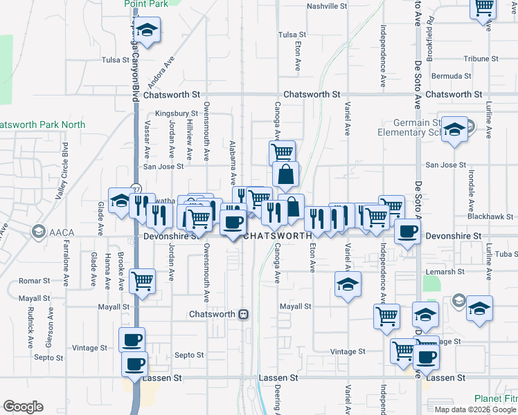 map of restaurants, bars, coffee shops, grocery stores, and more near 10341 Canoga Avenue in Chatsworth