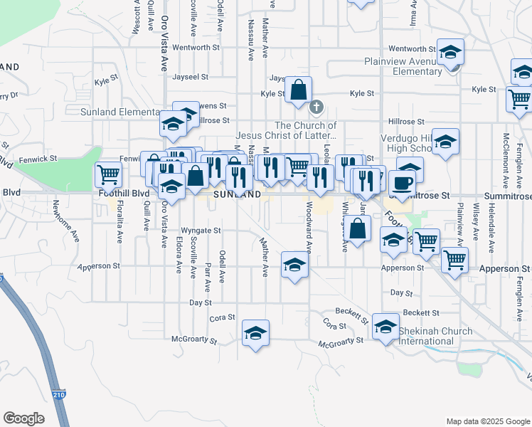 map of restaurants, bars, coffee shops, grocery stores, and more near 8100 Foothill Boulevard in Los Angeles