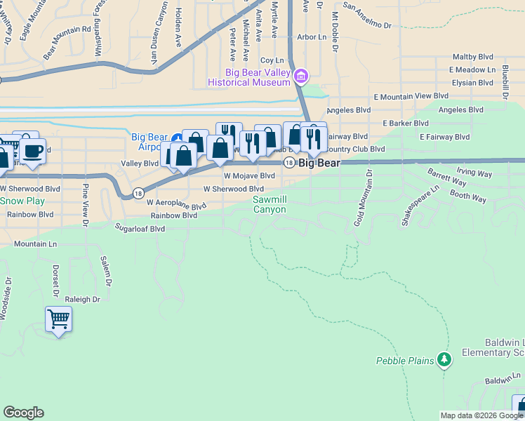 map of restaurants, bars, coffee shops, grocery stores, and more near in Big Bear