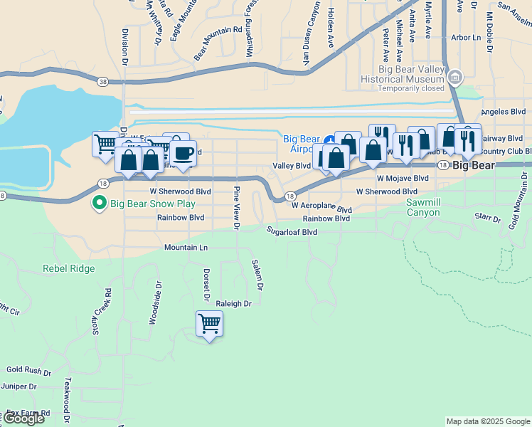 map of restaurants, bars, coffee shops, grocery stores, and more near 132 Winding Lane in Big Bear