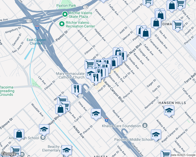 map of restaurants, bars, coffee shops, grocery stores, and more near 13741 Van Nuys Boulevard in Los Angeles