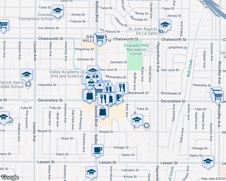 map of restaurants, bars, coffee shops, grocery stores, and more near 16855 Blackhawk Street in Los Angeles