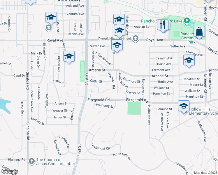 map of restaurants, bars, coffee shops, grocery stores, and more near 1114 Catlin Street in Simi Valley