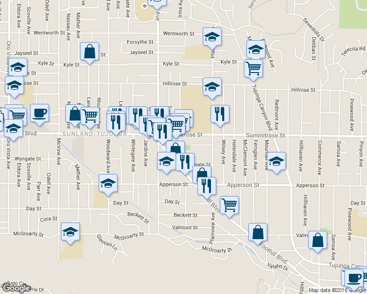 map of restaurants, bars, coffee shops, grocery stores, and more near 10434 Irma Avenue in Los Angeles