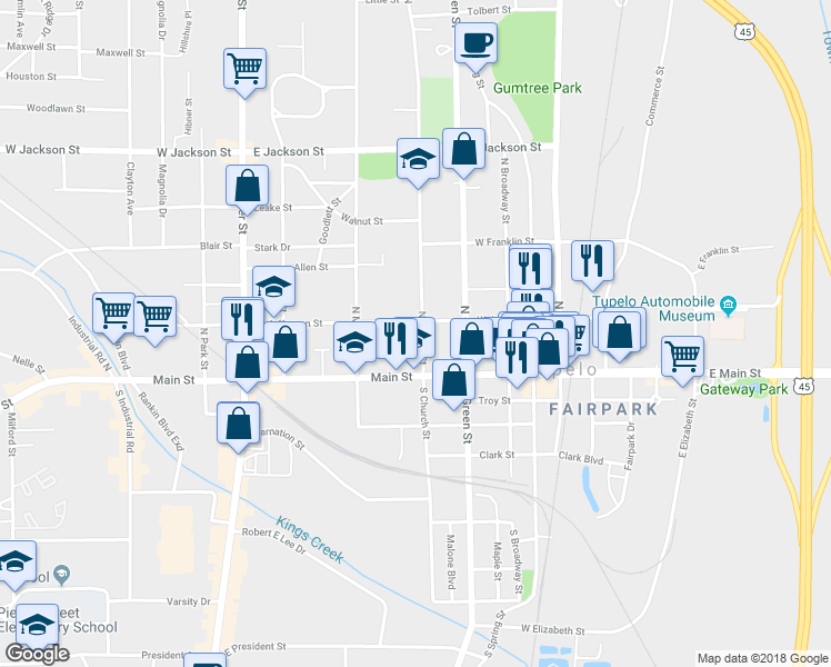 map of restaurants, bars, coffee shops, grocery stores, and more near 215 North Church Street in Tupelo