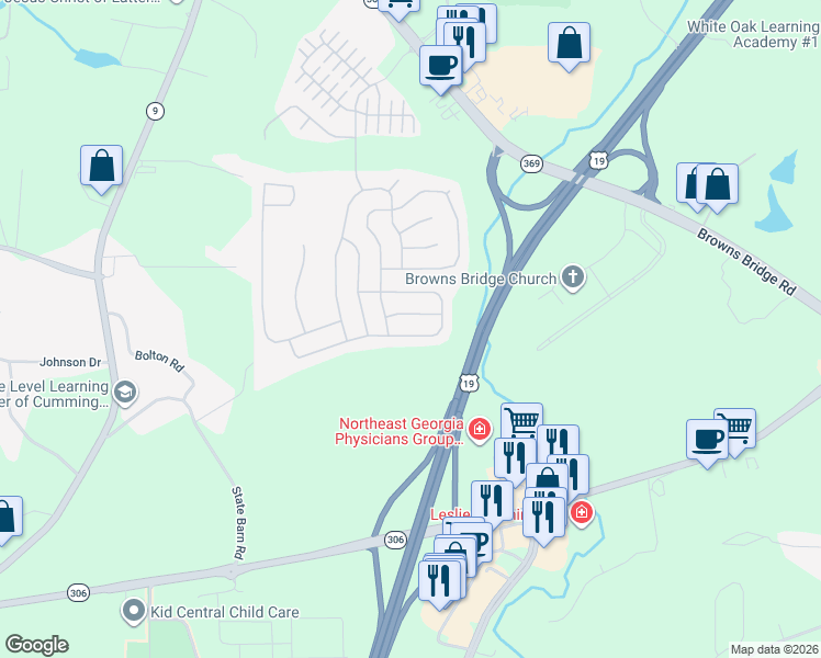 map of restaurants, bars, coffee shops, grocery stores, and more near 4870 Roseman Trail in Cumming