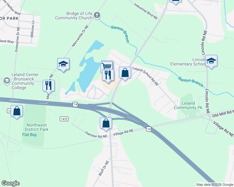 map of restaurants, bars, coffee shops, grocery stores, and more near 1750 Summerlin Road Northeast in Leland