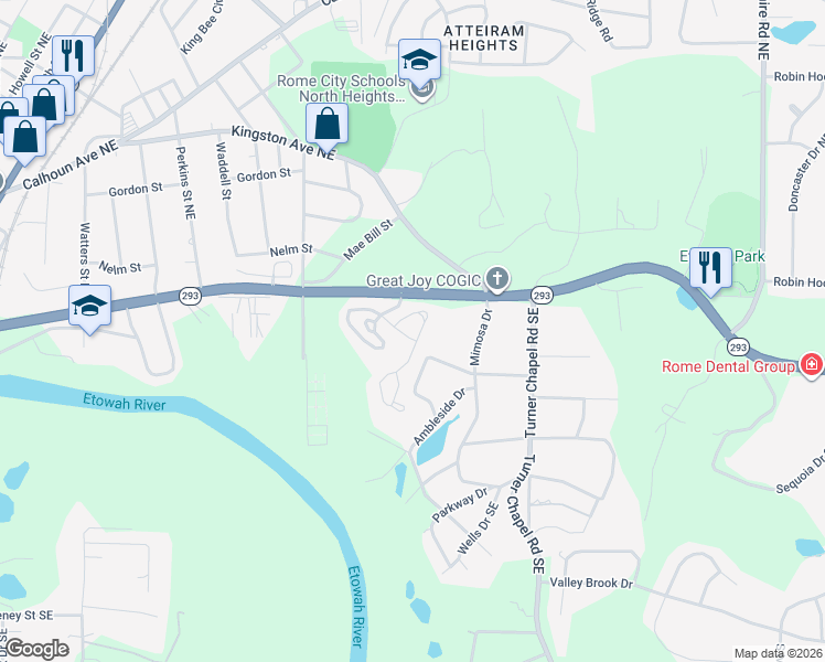 map of restaurants, bars, coffee shops, grocery stores, and more near 131 Maplecrest Lane Southeast in Rome