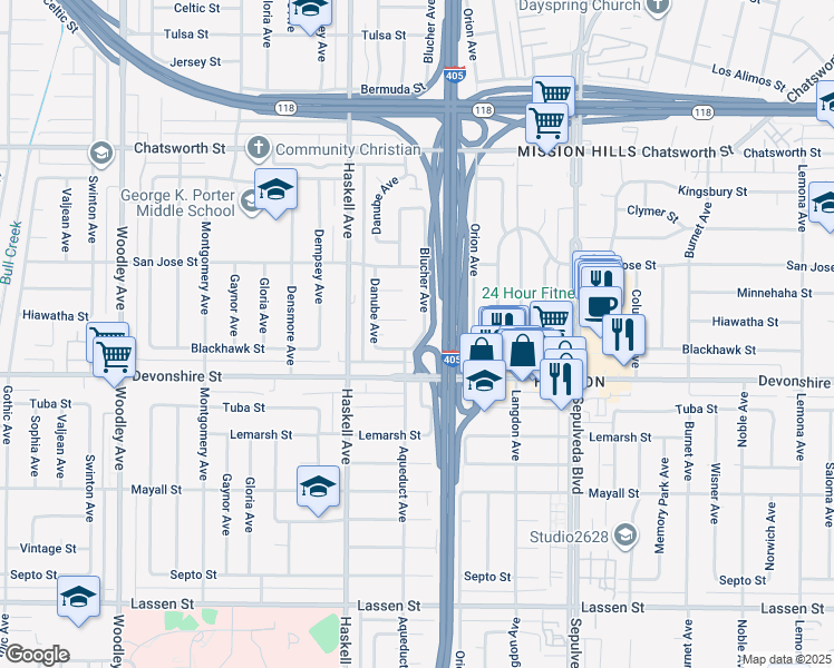 map of restaurants, bars, coffee shops, grocery stores, and more near 10345 Blucher Avenue in Los Angeles