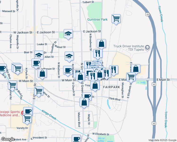 map of restaurants, bars, coffee shops, grocery stores, and more near 219 North Broadway Street in Tupelo