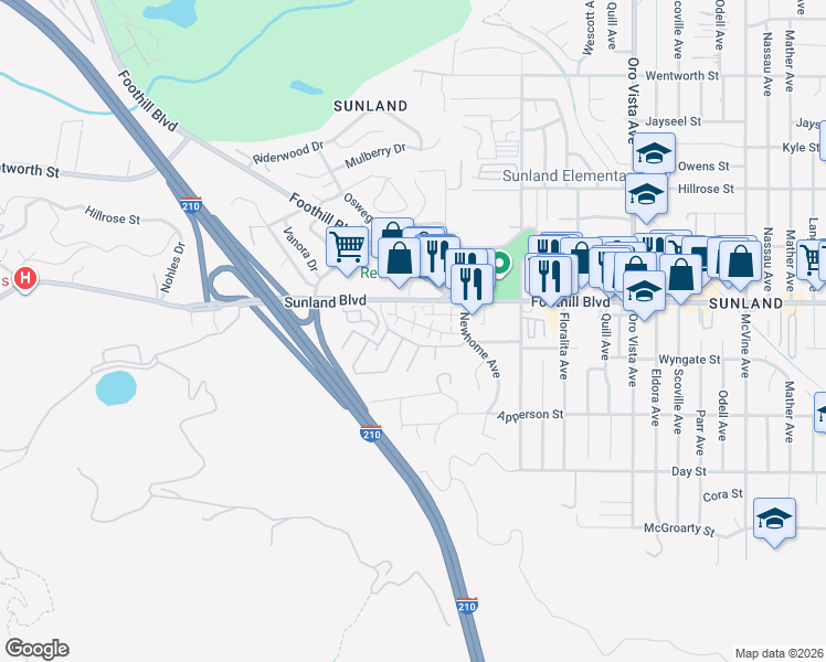 map of restaurants, bars, coffee shops, grocery stores, and more near 10506 Sunland Boulevard in Los Angeles