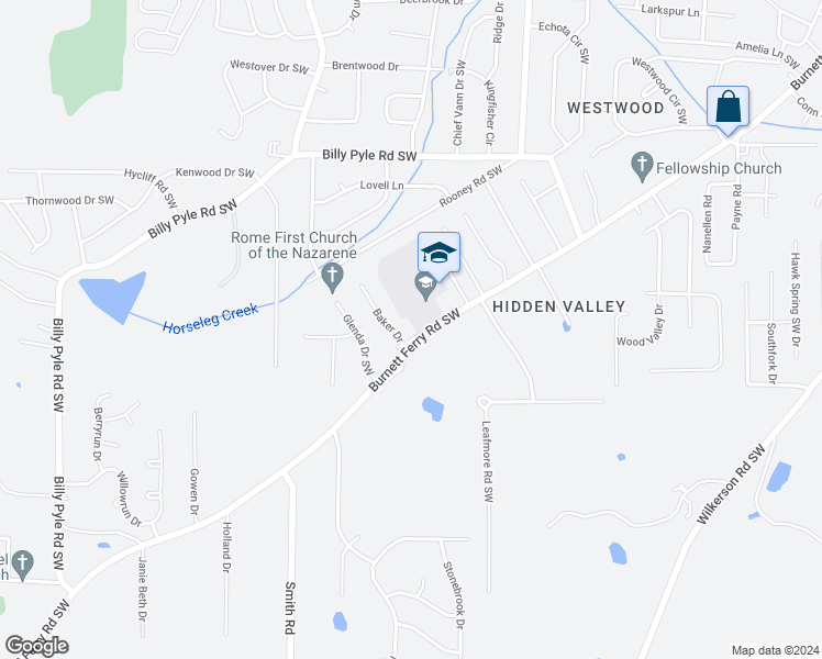 map of restaurants, bars, coffee shops, grocery stores, and more near 534 Burnett Ferry Road Southwest in Rome