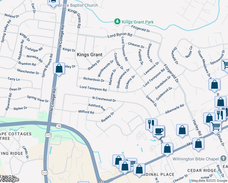 map of restaurants, bars, coffee shops, grocery stores, and more near 5110 Lord Tennyson Road in Wilmington