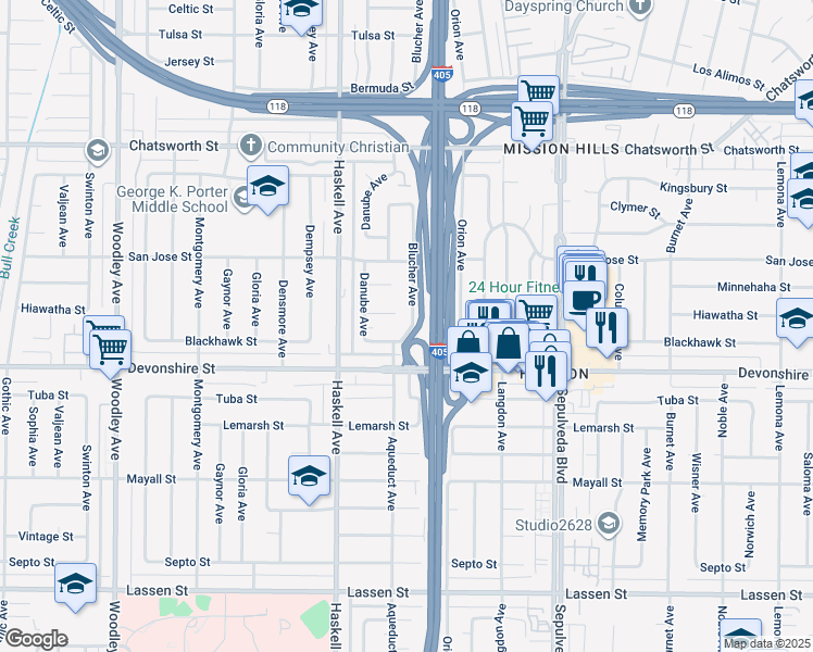 map of restaurants, bars, coffee shops, grocery stores, and more near 10345 Blucher Avenue in Los Angeles