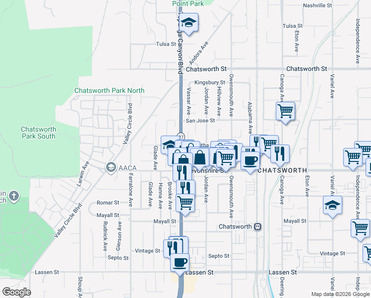 map of restaurants, bars, coffee shops, grocery stores, and more near 10350 Topanga Canyon Boulevard in Los Angeles