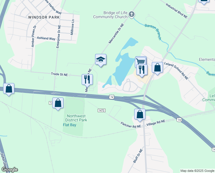map of restaurants, bars, coffee shops, grocery stores, and more near 1120 Jordan Lake Court in Leland