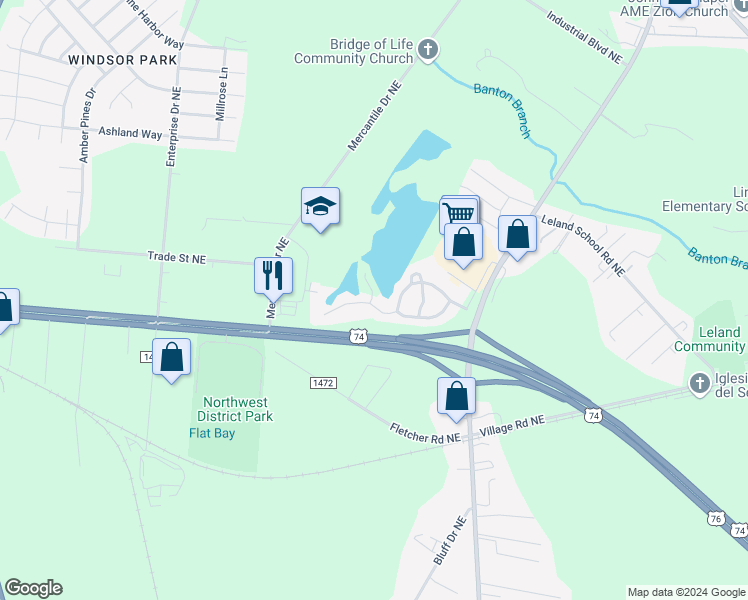 map of restaurants, bars, coffee shops, grocery stores, and more near 1212 Kerr Lake Drive in Leland