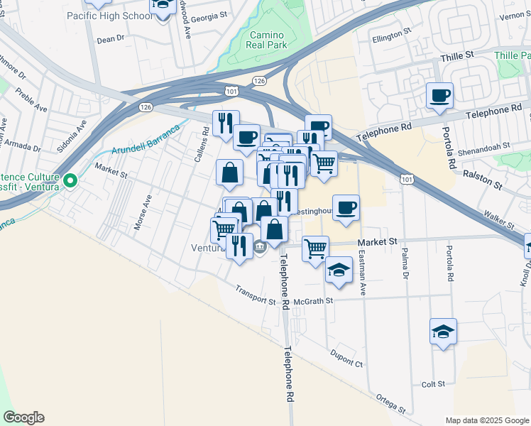 map of restaurants, bars, coffee shops, grocery stores, and more near 4651 Telephone Road in Ventura