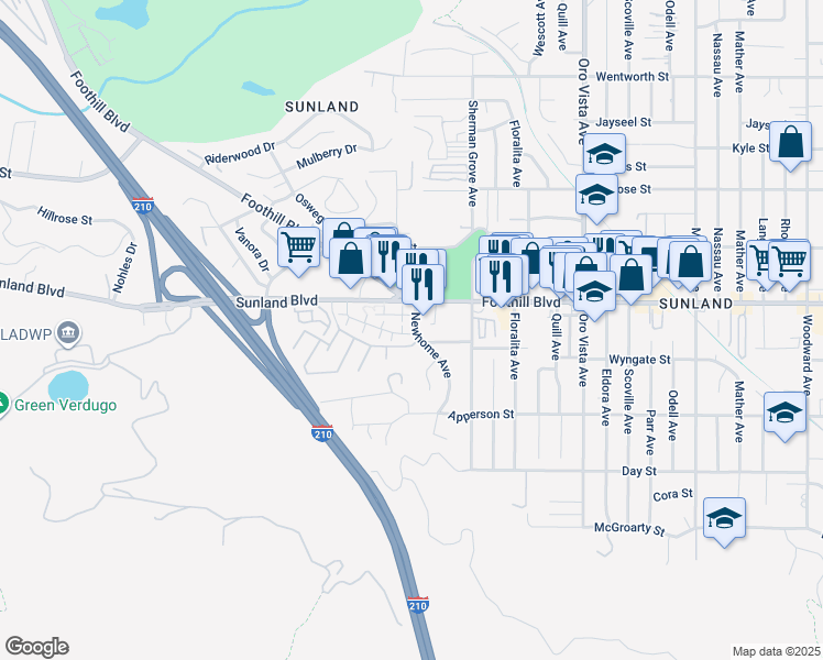 map of restaurants, bars, coffee shops, grocery stores, and more near 10441 Newhome Avenue in Los Angeles