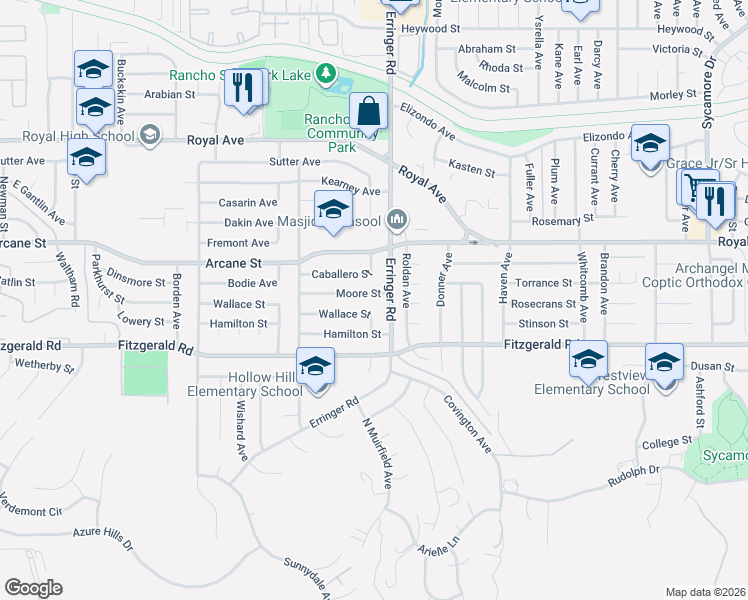 map of restaurants, bars, coffee shops, grocery stores, and more near 1849 Wallace Street in Simi Valley