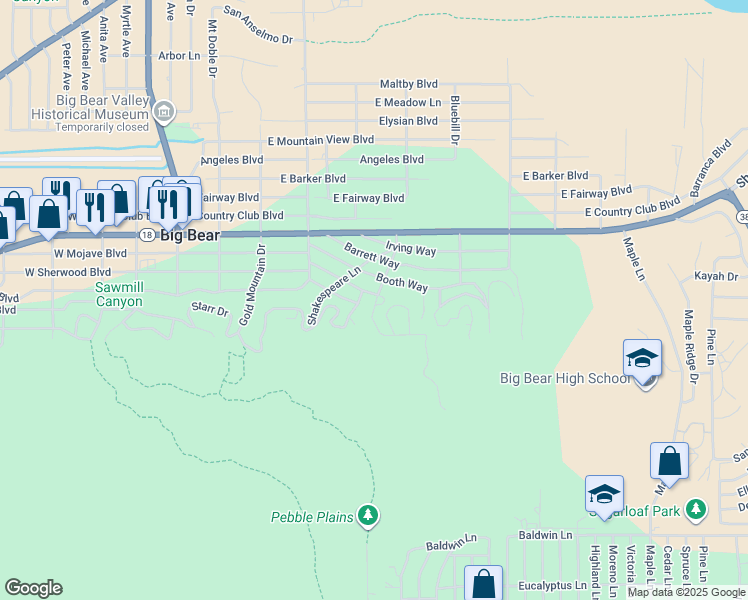 map of restaurants, bars, coffee shops, grocery stores, and more near 501 Bernhardt Lane in Big Bear
