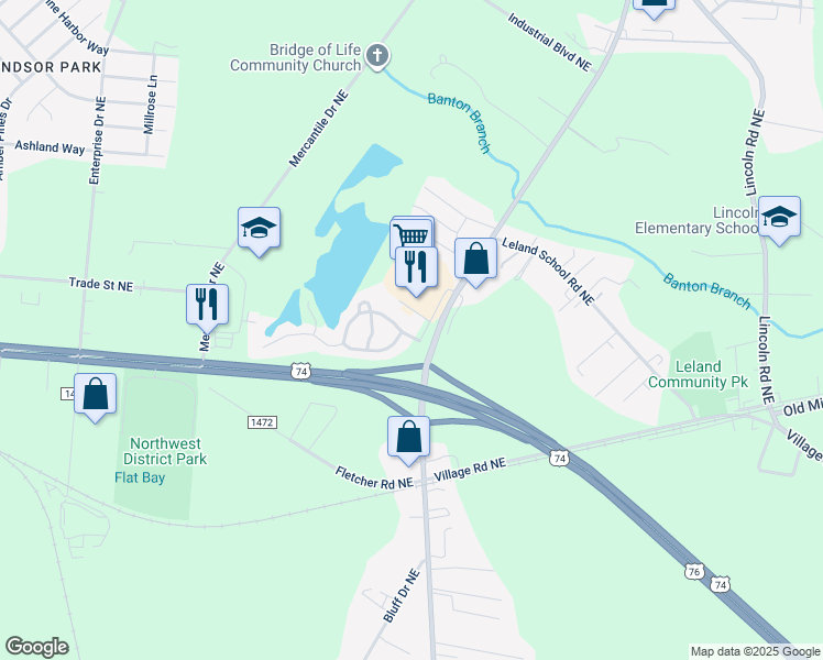 map of restaurants, bars, coffee shops, grocery stores, and more near 1002 Lake Norman Lane in Leland