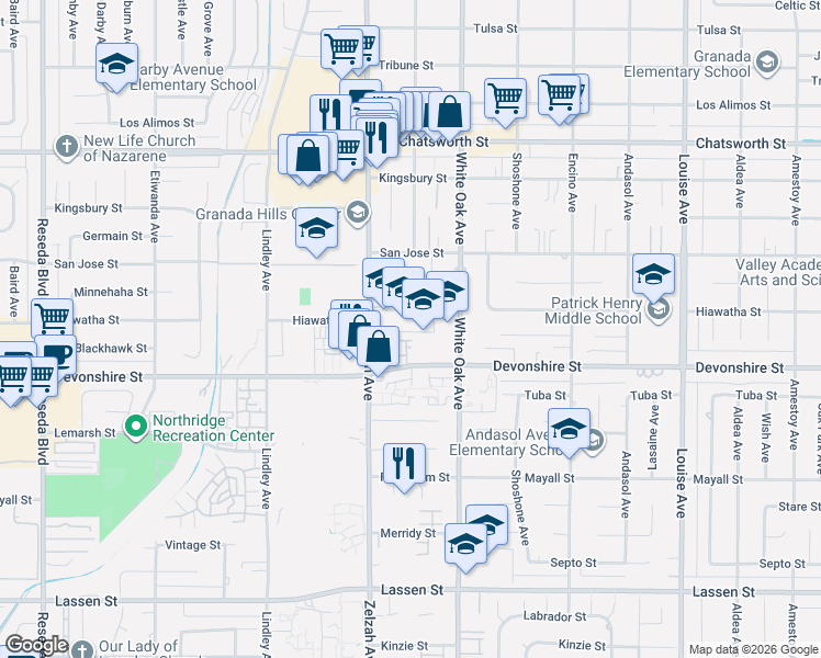 map of restaurants, bars, coffee shops, grocery stores, and more near 10346 Zelzah Avenue in Los Angeles