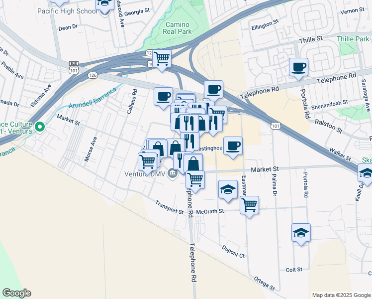 map of restaurants, bars, coffee shops, grocery stores, and more near 4651 Telephone Road in Ventura