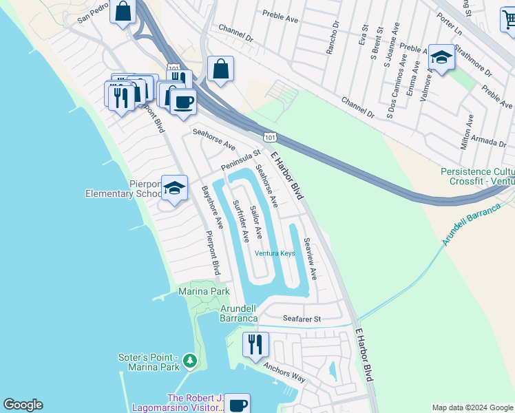 map of restaurants, bars, coffee shops, grocery stores, and more near 2790 Sailor Avenue in Ventura