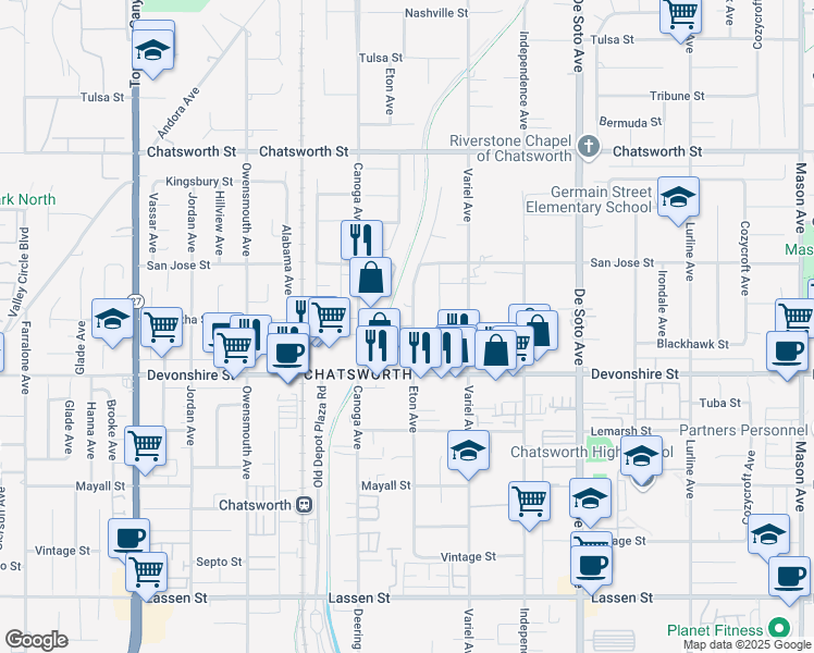 map of restaurants, bars, coffee shops, grocery stores, and more near 21321 Blackhawk Street in Los Angeles