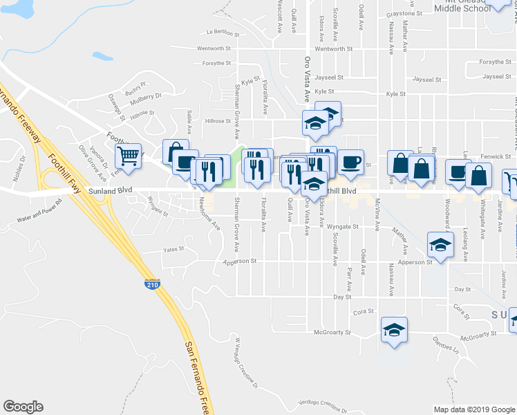 map of restaurants, bars, coffee shops, grocery stores, and more near 10431 Floralita Avenue in Sunland