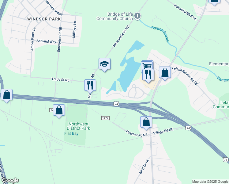map of restaurants, bars, coffee shops, grocery stores, and more near 1116 Jordan Lake Court in Leland
