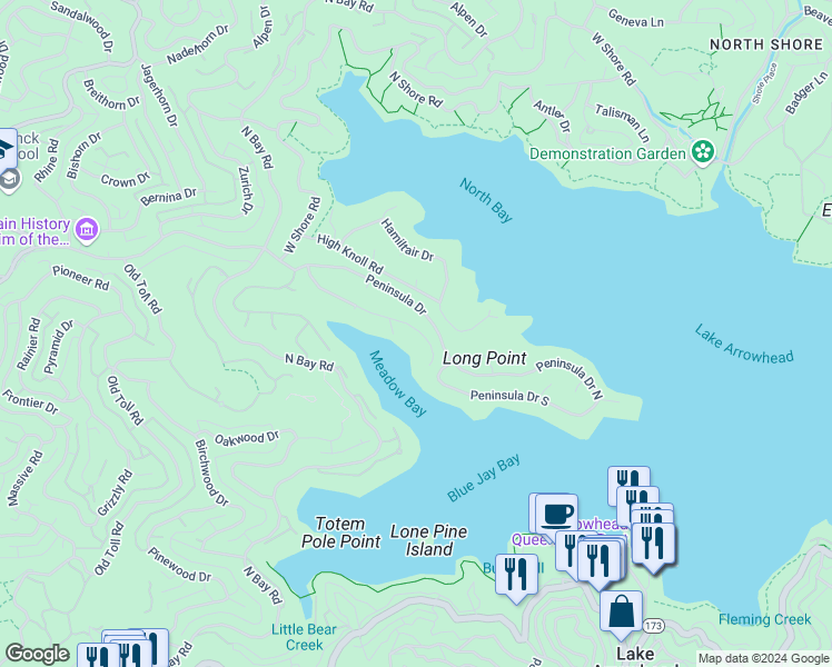 map of restaurants, bars, coffee shops, grocery stores, and more near 27821 Peninsula Drive in Lake Arrowhead
