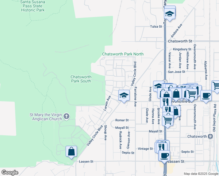 map of restaurants, bars, coffee shops, grocery stores, and more near 10343 Larwin Avenue in Los Angeles