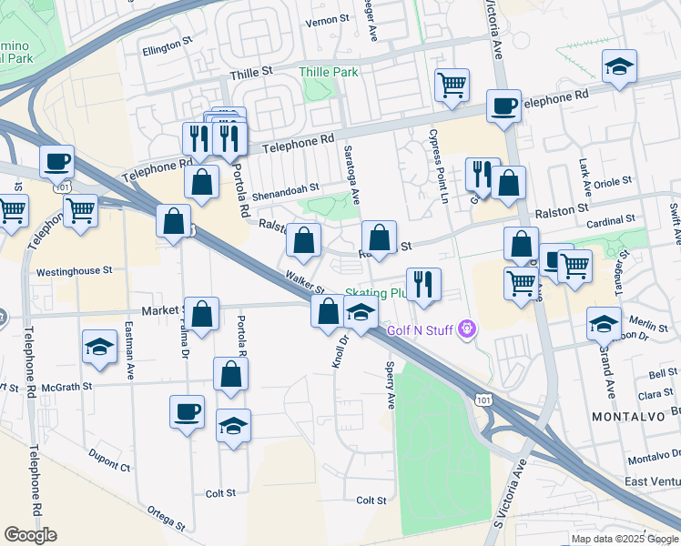 map of restaurants, bars, coffee shops, grocery stores, and more near 5250 Ralston Street in Ventura