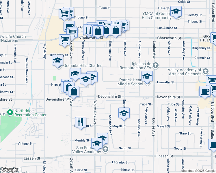 map of restaurants, bars, coffee shops, grocery stores, and more near 17608 Blackhawk Street in Los Angeles