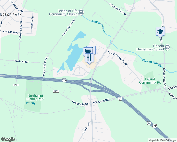 map of restaurants, bars, coffee shops, grocery stores, and more near 1002 Lake Norman Lane in Leland