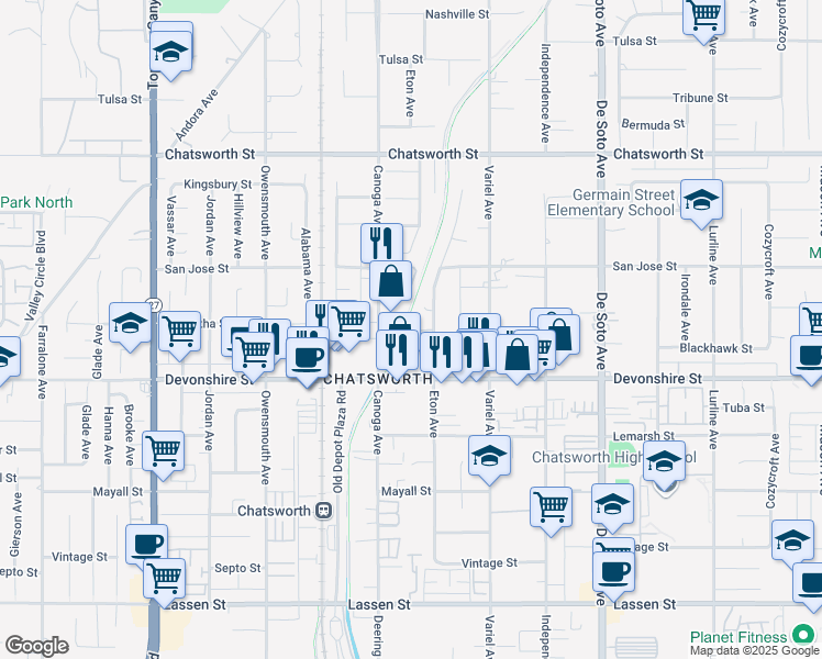 map of restaurants, bars, coffee shops, grocery stores, and more near 21321 Blackhawk Street in Los Angeles