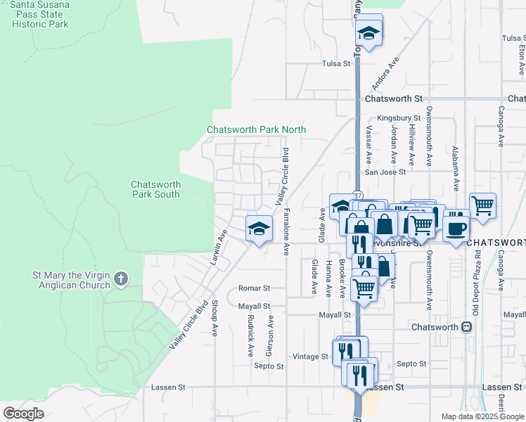 map of restaurants, bars, coffee shops, grocery stores, and more near 22312 James Alan Circle in Los Angeles
