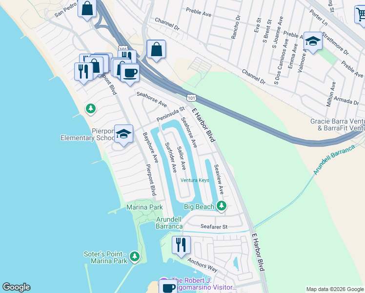 map of restaurants, bars, coffee shops, grocery stores, and more near 2790 Sailor Avenue in Ventura