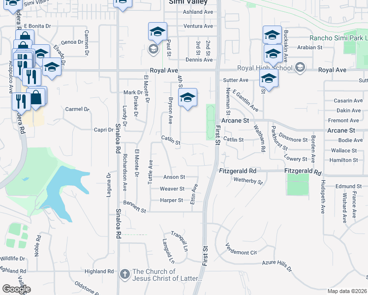 map of restaurants, bars, coffee shops, grocery stores, and more near 842 Catlin Street in Simi Valley