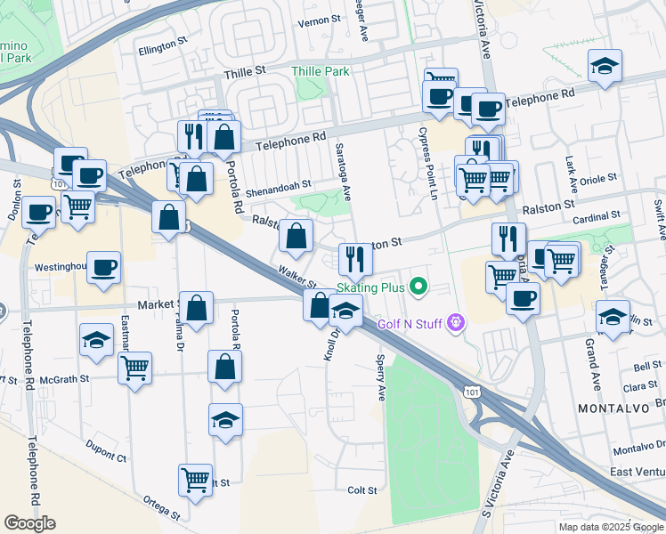map of restaurants, bars, coffee shops, grocery stores, and more near 5250 Ralston Street in Ventura