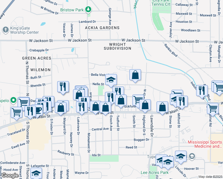 map of restaurants, bars, coffee shops, grocery stores, and more near 1908 Forrest Street in Tupelo