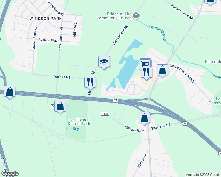 map of restaurants, bars, coffee shops, grocery stores, and more near 1120 Jordan Lake Court in Leland