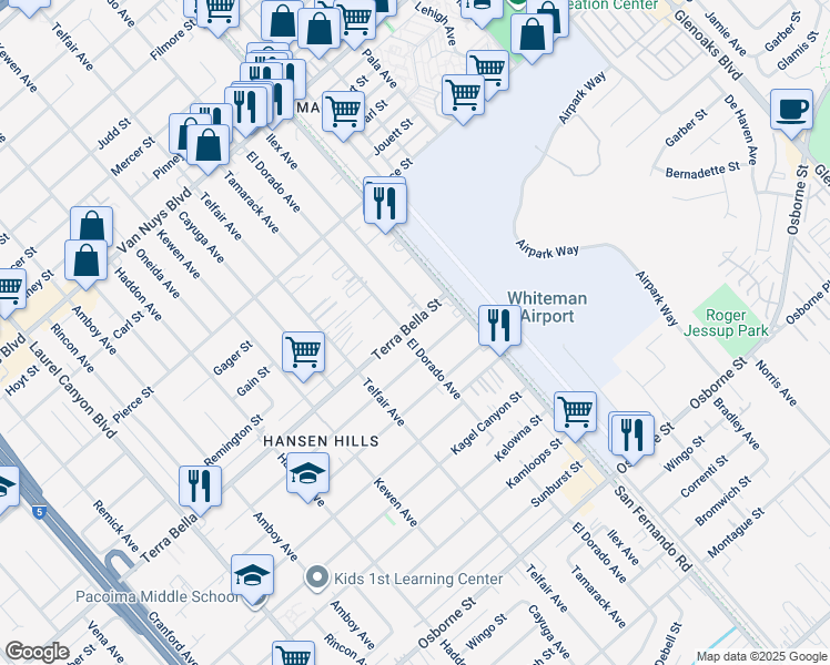 map of restaurants, bars, coffee shops, grocery stores, and more near 13066 Terra Bella Street in Los Angeles