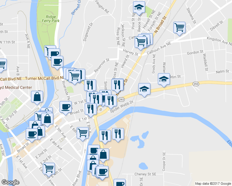 map of restaurants, bars, coffee shops, grocery stores, and more near 1019 North Broad Street in Rome